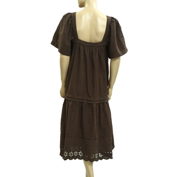 Free People Baldwin Midi Dress Lace Tiered Eyelet Embroidered Brown M New 282883 - Picture 3 of 5